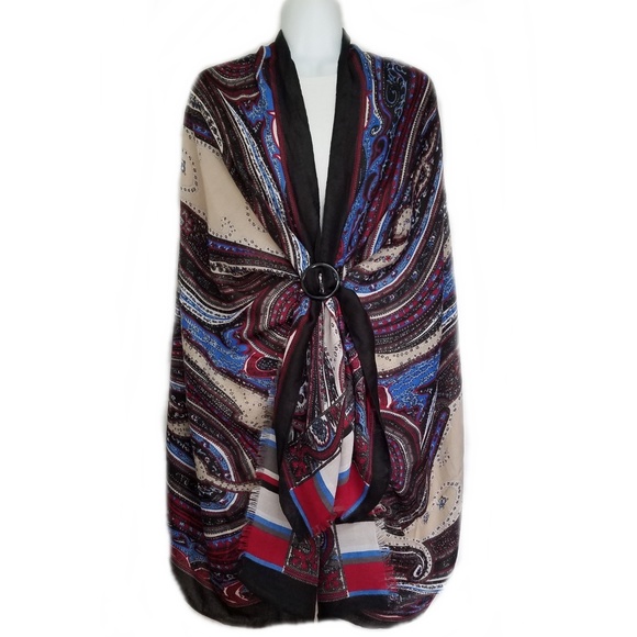 NEW - Scarf Shawl Paisley Blue, Cranberry Tan & Black - Picture 3 of 8